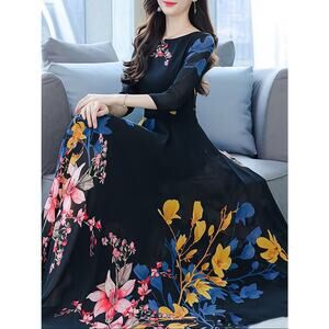 NWT ~ Black Spring Floral Midi Dress 3/4 Sleeves ~ Women's Plus Size XXL